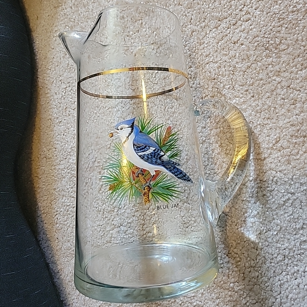 Vintage West Virginia Glass Pitcher Ice Lip Birds Bluejay Cardinal 9.75"